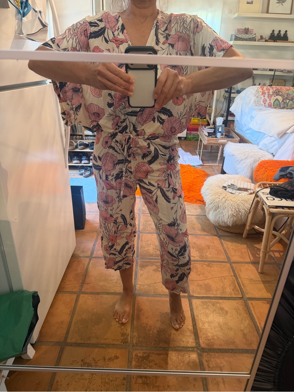 On The Road Cream Jumpsuit with Pink & Navy Floral Print
